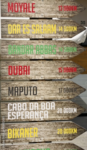 Wallpaper Mural Wooden signpost showing worldwide travel destinations and distances Torontodigital.ca