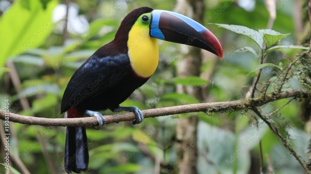 Fototapeta premium Toucan bird perched on branch in tropical cloud forest with foliage, nature, wildlife, jungle, forest, beak, feathers and colorful plumage. Exotic avian resting in lush green habitat under cloudy sky