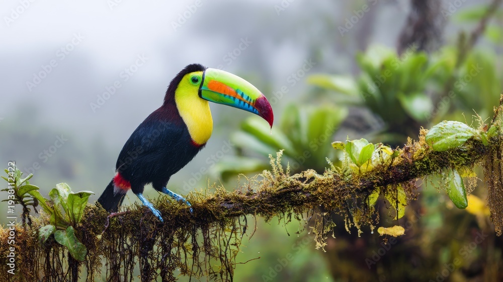 Obraz premium Toucan bird perched on branch in tropical cloud forest with foliage, nature, wildlife, jungle, forest, beak, feathers and colorful plumage. Exotic avian resting in lush green habitat under cloudy sky