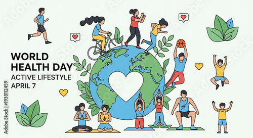 World health day active lifestyle illustration with diverse people around the globe