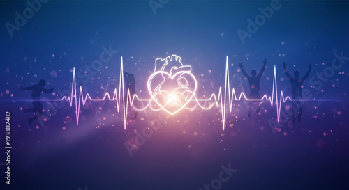 Glowing heart on ecg background with silhouettes symbolizing health and vitality in a vibrant purple and blue atmosphere