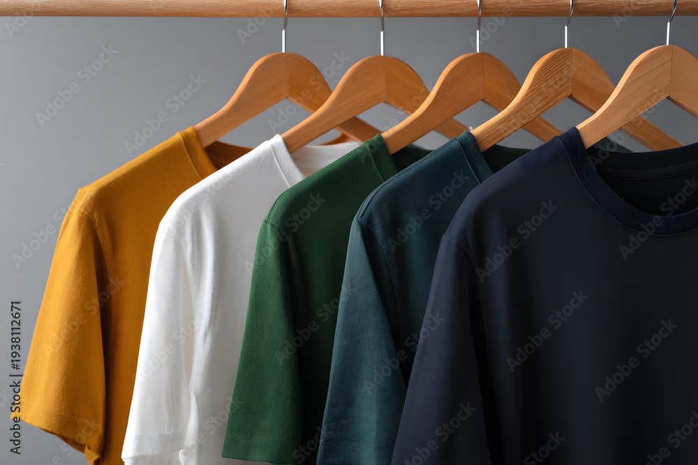 Obraz premium Colorful T-Shirts on Hangers in a Row