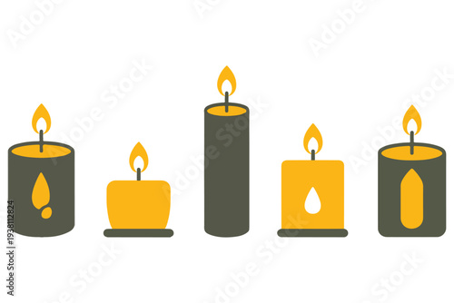 Burning candle icon collection glowing flame decorative wax light illustration

