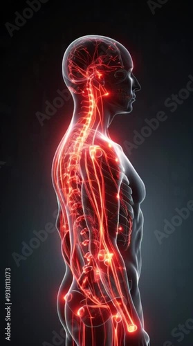 Human Nervous System with Glowing Pain Signals – 3D Medical Illustration'