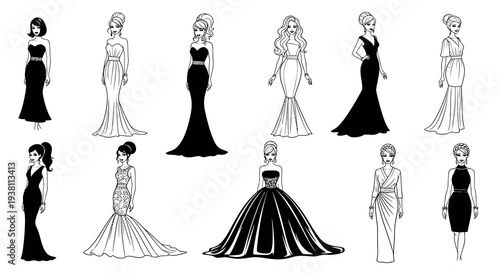 Fashion Women Figures in Elegant Formal Dresses  Gowns Black  White Line Art Vector