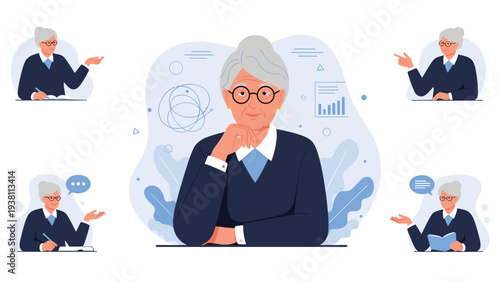 Detailed set of an elegant elderly woman with glasses shown in various poses like thinking, presenting, and studying.