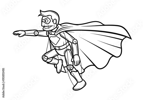 Black and white drawing of a marionette superhero flying forward with a cape