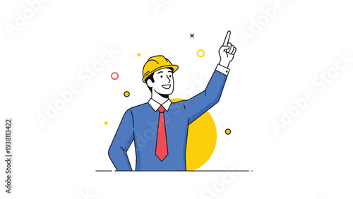 Professional engineer in a blue shirt and yellow hard hat pointing upwards towards a bright idea or a building project.