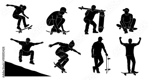 Skateboarding Skaters  Skateboards Vector Silhouette Set - Extreme Sport Collection