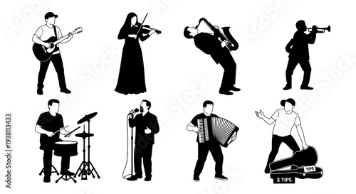 Music Industry Artists Playing Instruments Black and White Silhouette Vector Set
