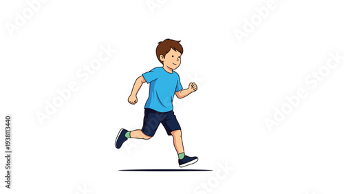 Energetic young boy in a blue t-shirt and shorts running forward with a happy and determined expression on white field.