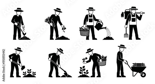 Gardening and Farming Tasks Black and White Glyph Vector Icons Set
