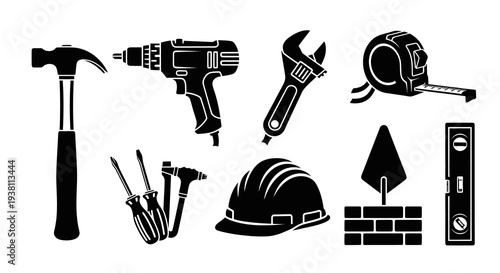 Construction Work Tools Glyph Icons Set Black  White Vector Illustration