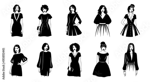 Fashion Industry: Diverse Women in Black Dresses - Black  White Line Art Vector Illustration
