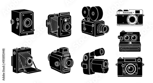 Vintage Photography and Videography Cameras Icon Set - Black White Outline Art