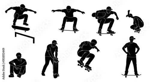 Sports Skateboarders Silhouette Vector Set: Dynamic Skateboarding Poses  Youth Lifestyle