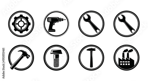 Industrial  Construction Black and White Solid Tool and Factory Glyph Icons