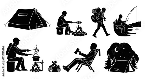 Camping Silhouette Icons: Tent, Fishing, Hiking, Campfire, Night Scene