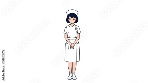 Young nurse in a white uniform and cap stands politely with her hands clasped in a gesture of respect and service.