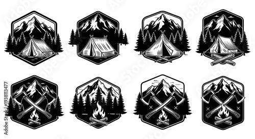 Vintage Camping Badges, Mountains, Tents, Axes, Fire, Black  White Emblem