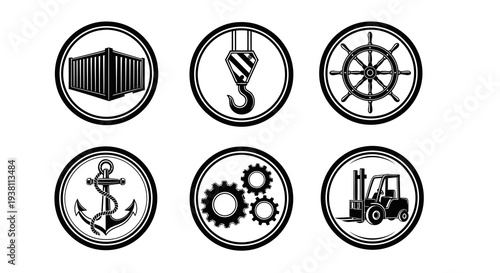 Shipping and Industrial Icons: Container, Crane, Ship Wheel, Anchor, Gears, Forklift
