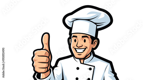 Happy male chef in a traditional white uniform and hat giving a thumbs up gesture to show culinary success and quality.