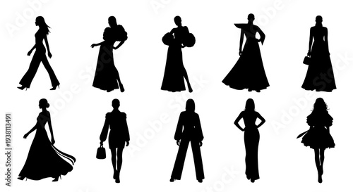 Fashion Models Silhouettes Vector - Women Posing in Dresses and Outfits