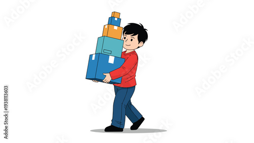 Energetic young boy in a red sweater carries a tall stack of colorful boxes, representing moving day or home delivery.