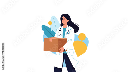 Professional female doctor in a white coat carries a large brown cardboard box against a stylized modern floral background.
