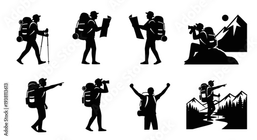 Black  White Icons: Hikers with Backpacks and Hiking Gear