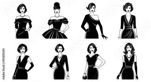 Black and White Line Art of Elegant Women in Dresses