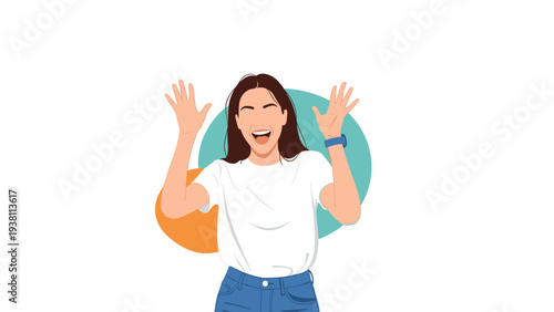 Excited young woman screaming with joy and raising her hands against a background with colorful abstract circle shapes.