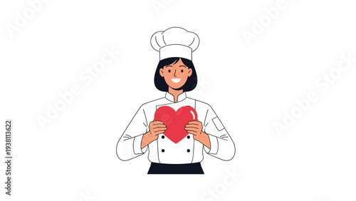 Beautiful female chef in white uniform holds a bright red heart shape to represent her true love for cooking and food.