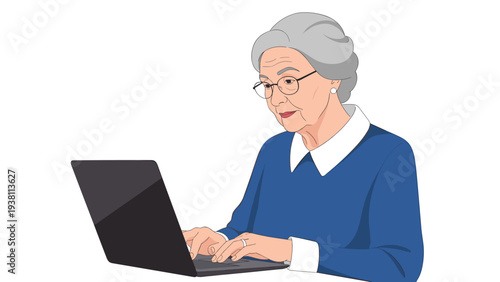 Elderly woman wearing glasses concentrates while typing on a laptop computer, showing a modern senior digital lifestyle.