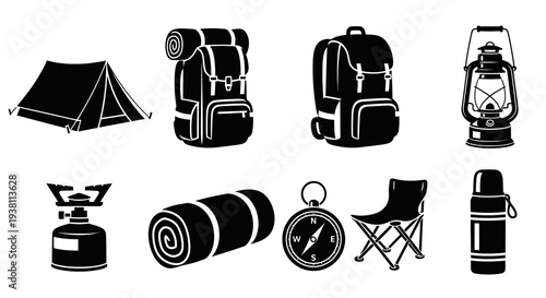 Camping Equipment Set Black and White Icons