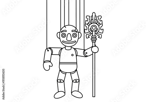Black and white line drawing of a stringed marionette holding a staff