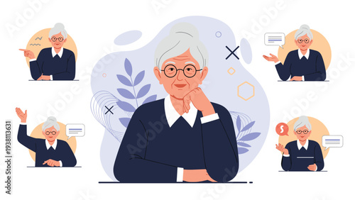 Senior woman with grey hair and glasses is depicted in several poses, showing different professional reactions and styles.