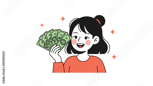 Joyful young woman with dark hair holds a large fan of dollar bills, expressing excitement about financial wealth or savings.