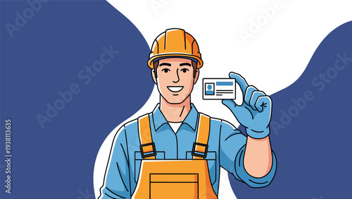 Confident male construction worker in an orange hard hat and blue gloves holds up a professional worker identity card.