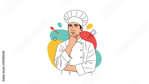 Professional male chef in white uniform thinks deeply with hand on chin surrounded by colorful creative kitchen utensils.
