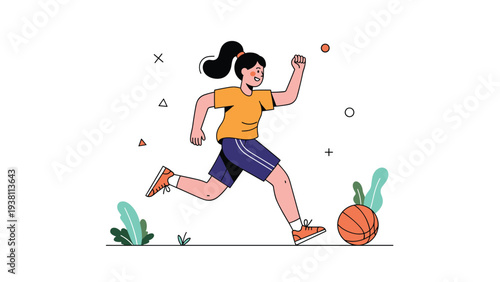 Active young girl in a yellow shirt and blue shorts dribbles a basketball on an outdoor court for daily fitness and fun.