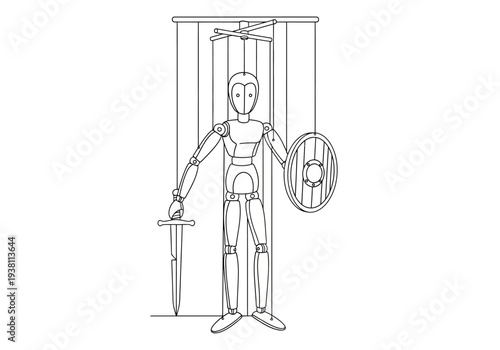 Black and white line drawing of a marionette warrior holding a sword and shield