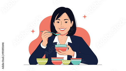 Successful business woman in a dark suit enjoys a delicious meal with multiple bowls of colorful food on a white table.