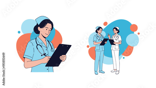 Healthcare professionals in blue uniforms review patient charts and discuss complex medical cases in a busy hospital setting.