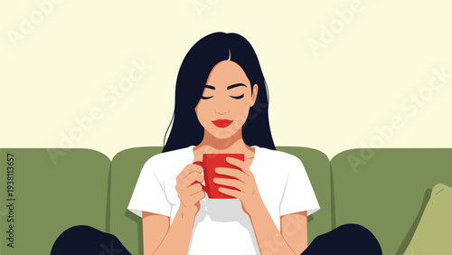 Peaceful young woman sits on a green sofa with eyes closed, enjoying the pleasant aroma of a hot cup of tea or coffee.