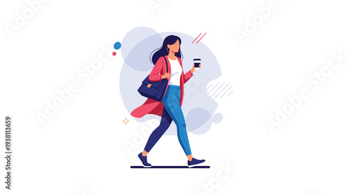 Stylish woman in a red coat and blue jeans walks with a bag and coffee cup against a modern graphic abstract background.