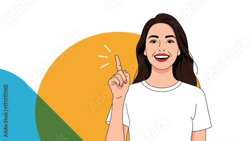 Joyful woman in a white shirt points upward with a bright smile against a colorful abstract geometric modern background.