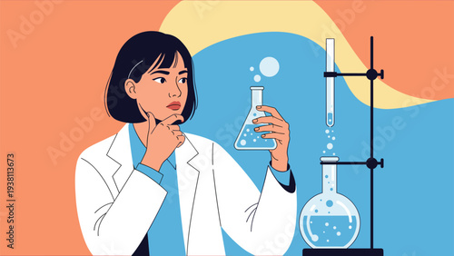 Focused female scientist in a white lab coat conducts an experiment with chemical flasks and advanced laboratory equipment.