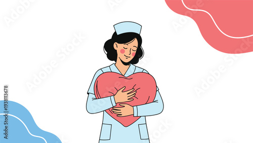 Caring female nurse in a blue uniform hugs a large red heart shape, symbolizing deep compassion and love for healthcare.