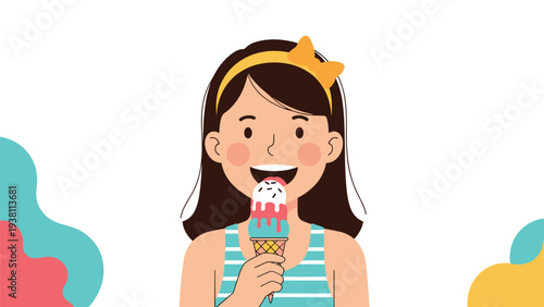 Happy young girl with a yellow bow headband enjoys eating a colorful three-scoop ice cream cone on a bright summer day.